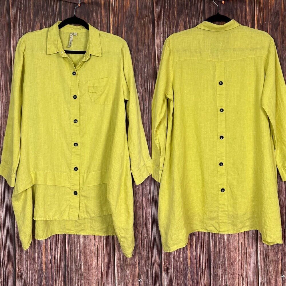 Comfy‎ USA Yellow Button Down Blouse Quirky Lagenlook 100% Linen Womens Sz Small